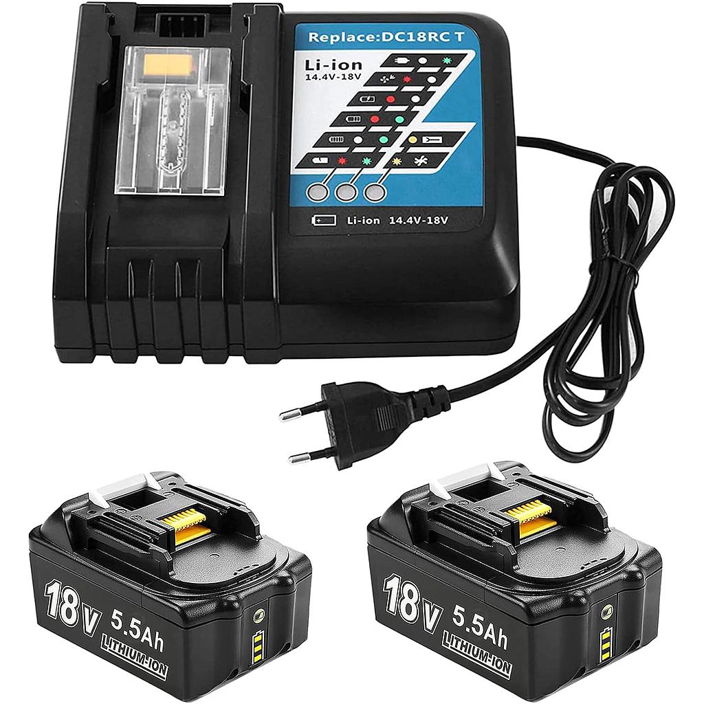 MAKITA Pack 2 Batteries de Rechange 18 V 5500 mAh pour Batterie  18 V avec Chargeur DC18RC
